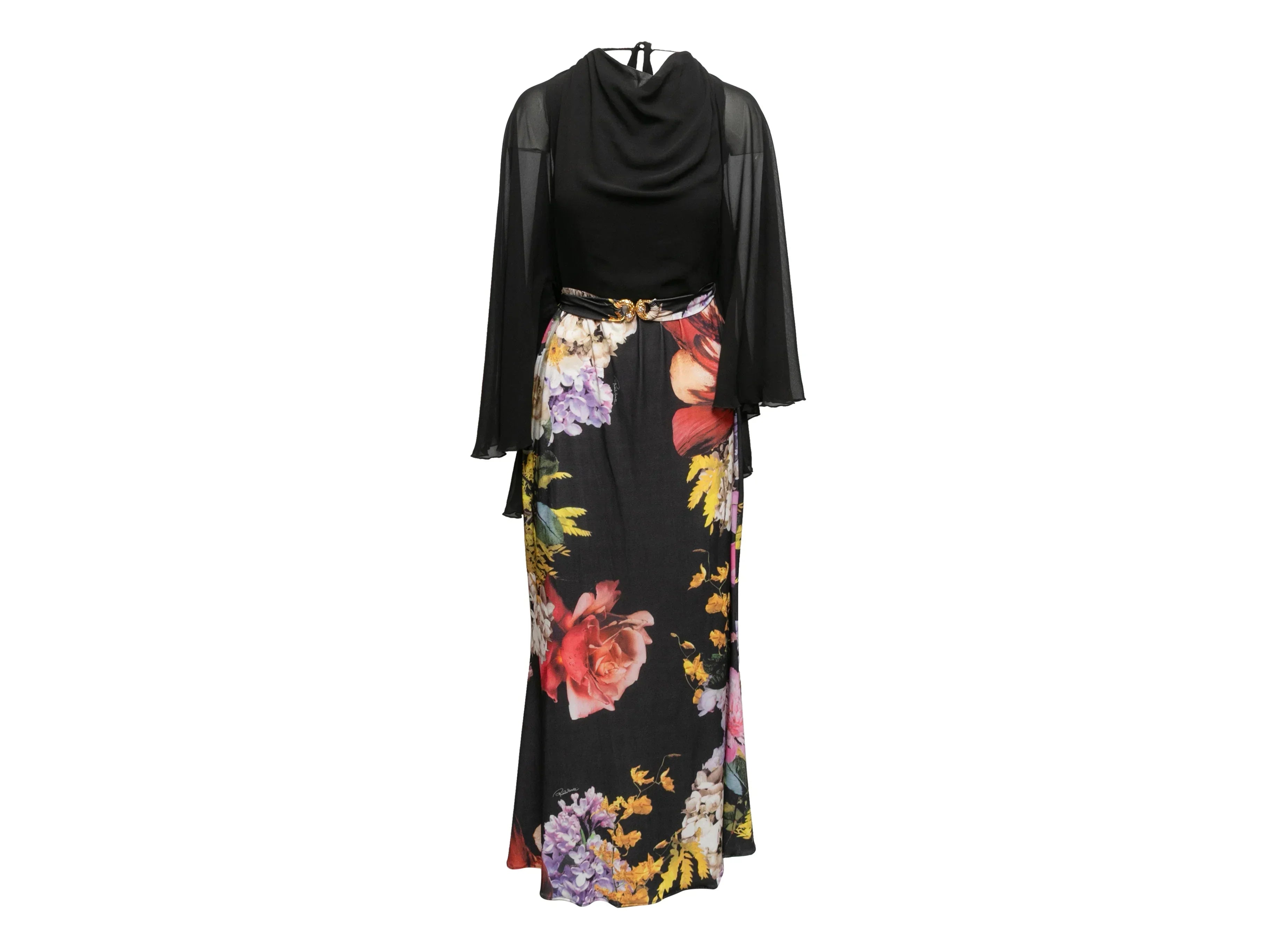 Black & Multicolor Roberto Cavalli Floral Print Long Sleeve Dress Size US M - Designer Revival Black & Multicolor Roberto Cavalli Floral Print Long Sleeve Dress Size US M - Designer Revival