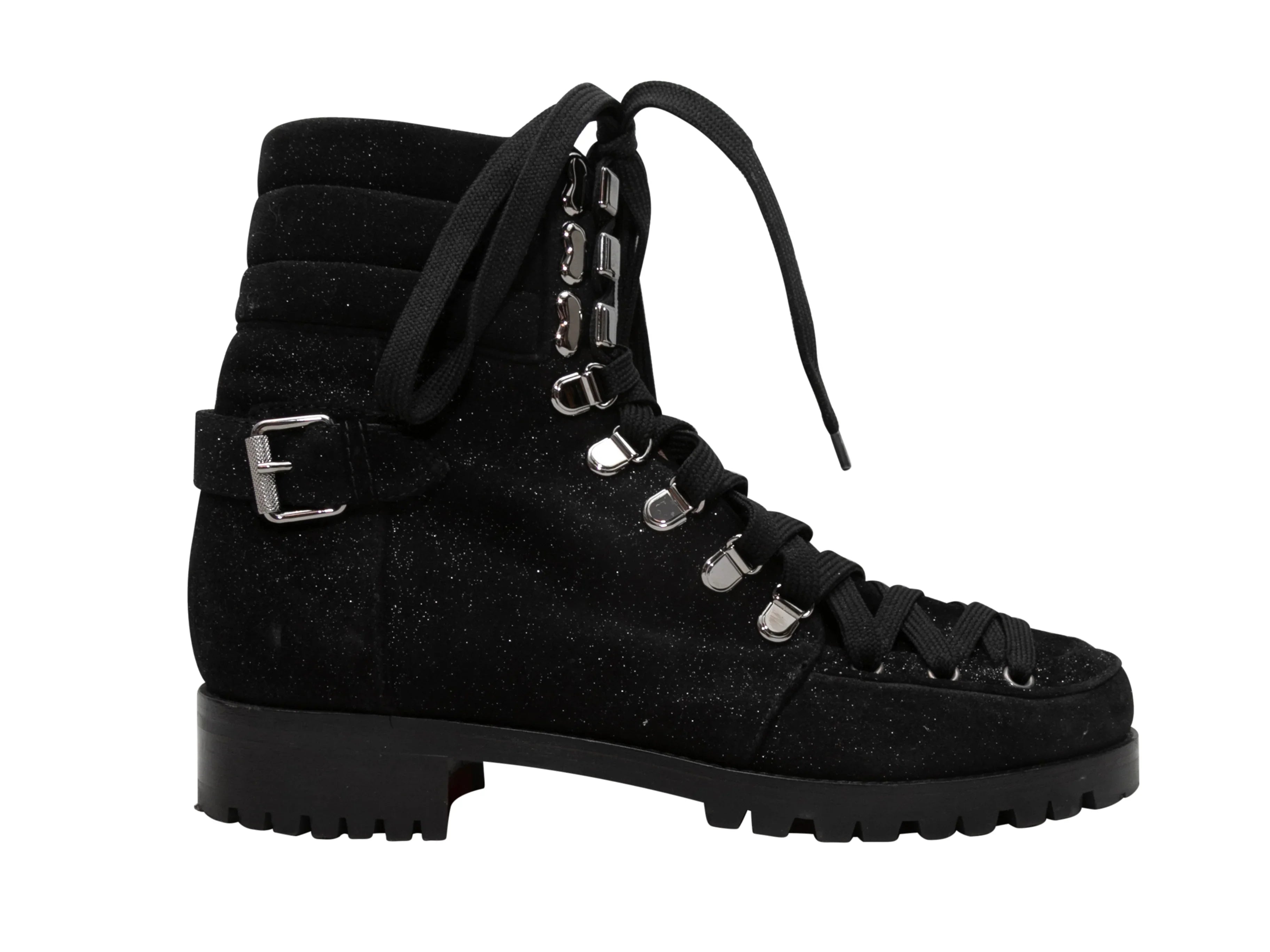 Black Christian Louboutin Glitter Suede Combat Boots Size