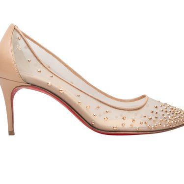 Beige Christian Louboutin Follies Leather & Mesh Strass-Embellished Pumps Size 34