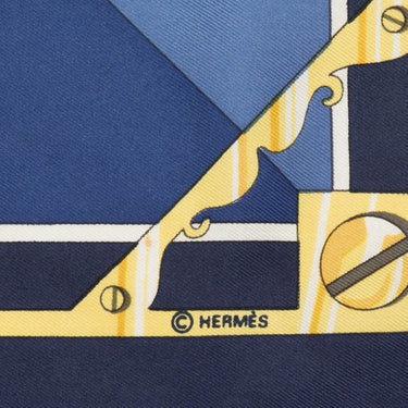 Navy & Multicolor Hermes Sextants Motif Printed Silk Scarf