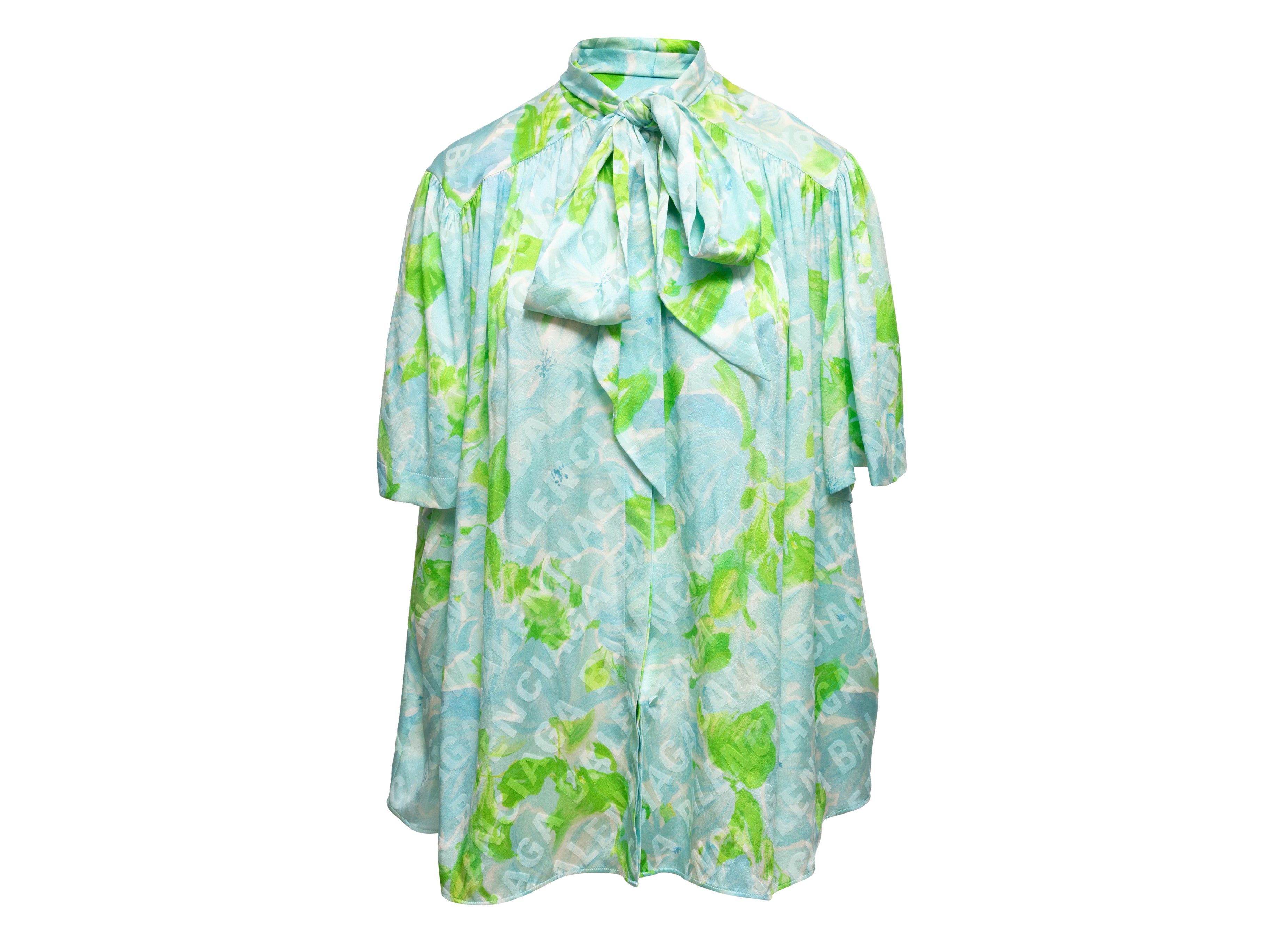 Light Blue Green Balenciaga 2019 Silk Logo Print Top Size EU 38