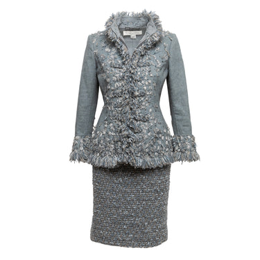 Light Blue & Grey Oscar de la Renta Wool & Cashmere Skirt Suit Size UK 4,8 - Designer Revival