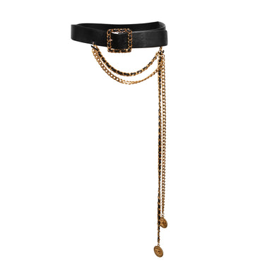 Vintage Black Chanel Spring/Summer 1993 Leather & Chain-Link Belt Size US S - Designer Revival