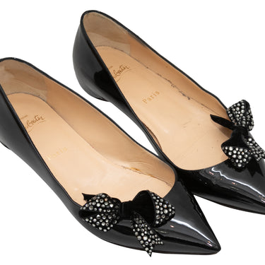 Black Christian Louboutin Patent Crystal Bow-Accented Flats Size 39.5 - Designer Revival