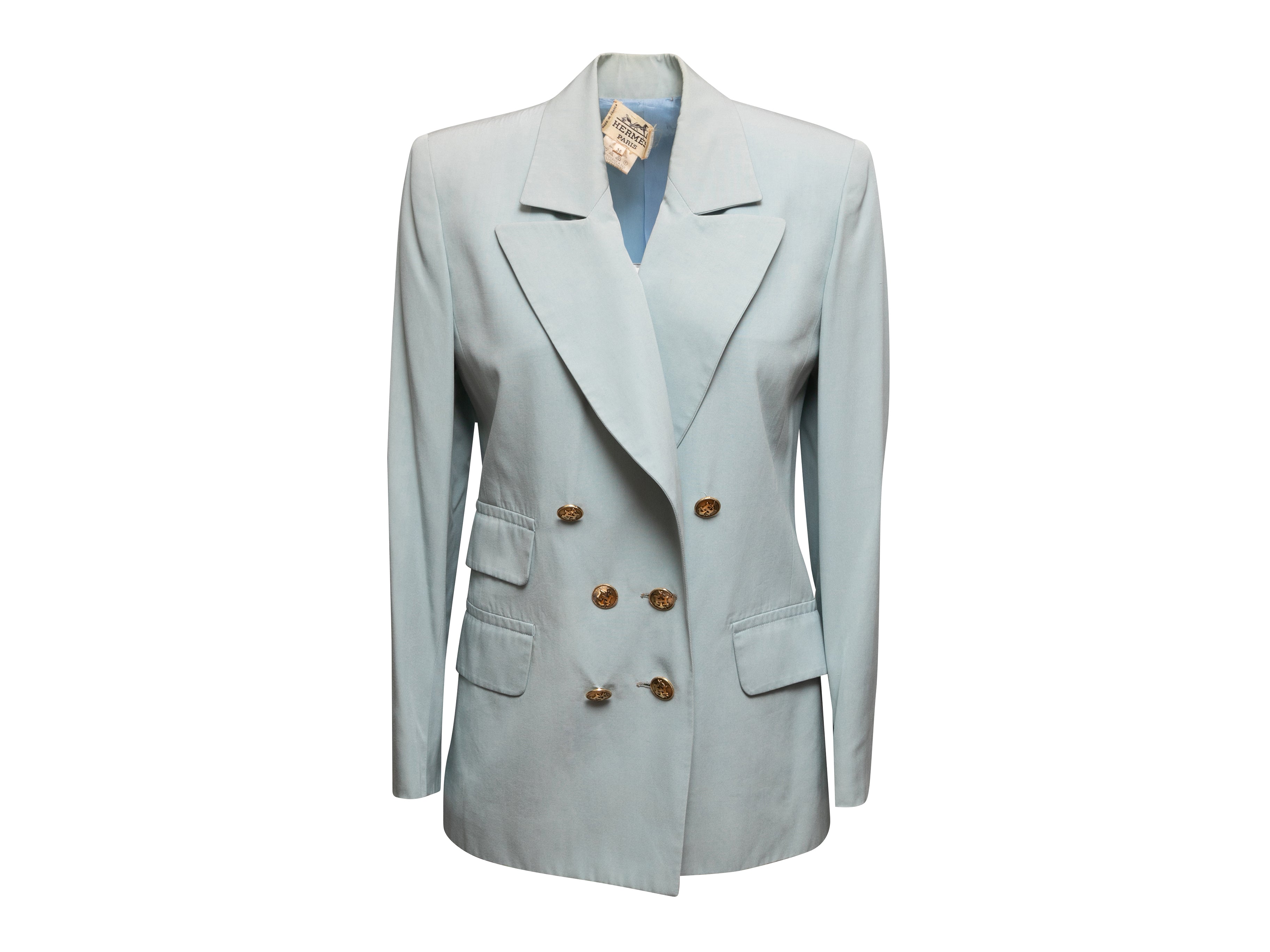 Vintage Light Blue Hermes Double-Breasted Silk Blazer Size