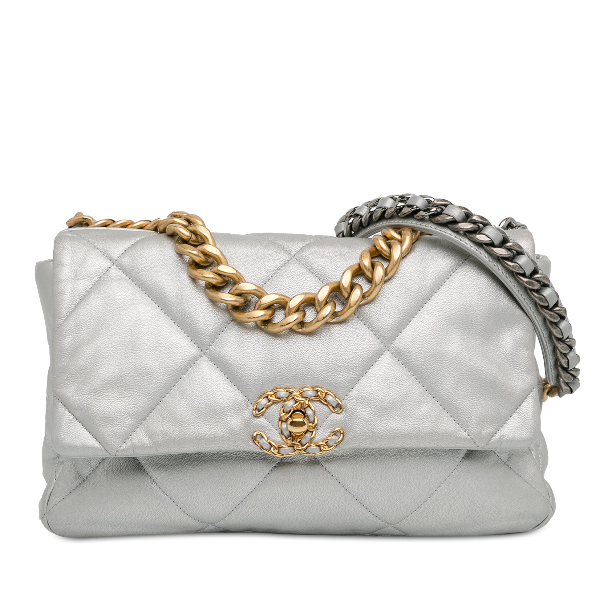Silver Chanel Large Metallic Lambskin 19 Flap Satchel Designer Revival