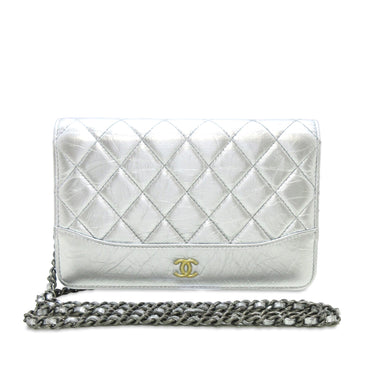 Silver Chanel Aged Calfskin Gabrielle Wallet on Chain Crossbody Bag - Designer Revival