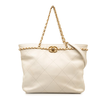 White Chanel Quilted Calfskin CC Lock Chain Shopping Tote Satchel
