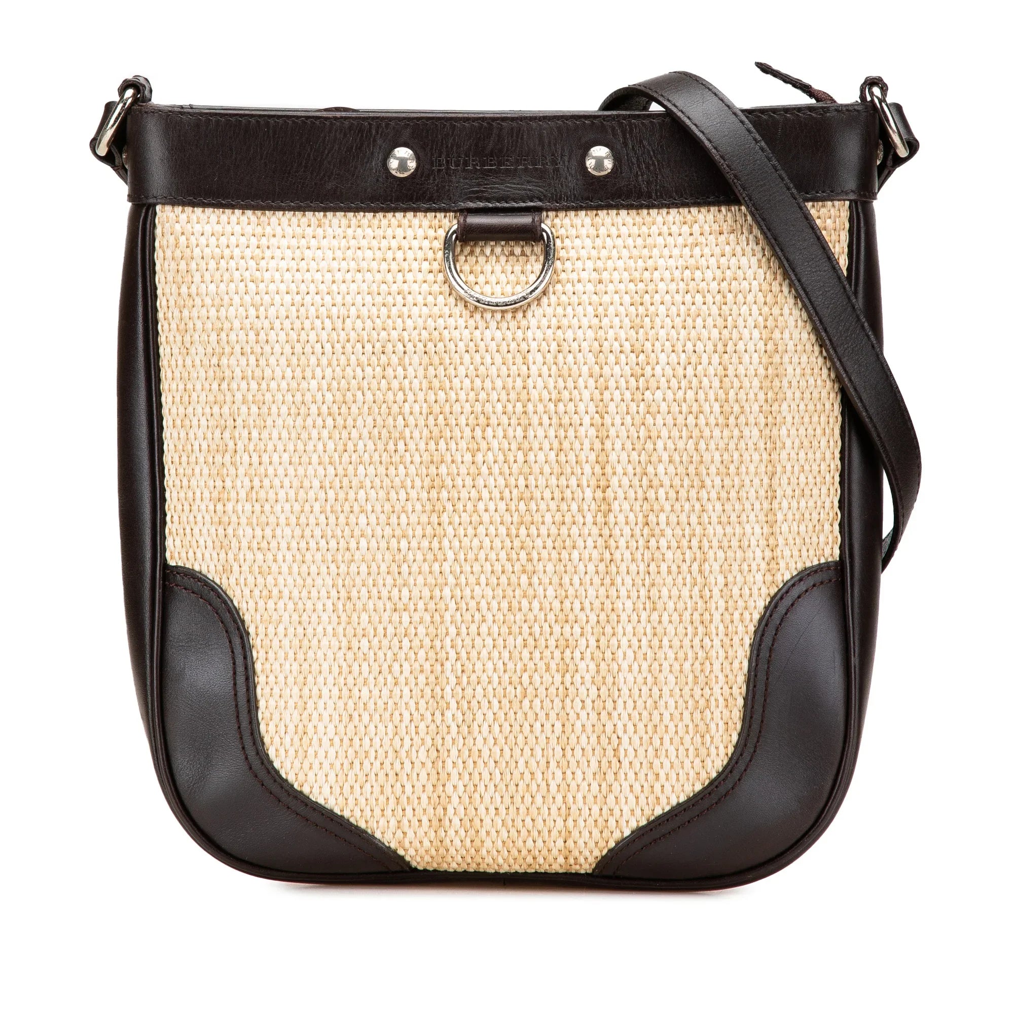 Beige Burberry Leather Trimmed Raffia Crossbody Designer Revival