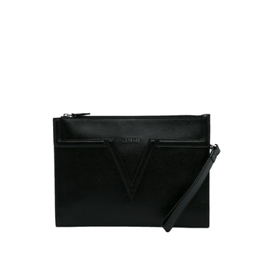 Black Versace V Logo Leather Clutch - Designer Revival
