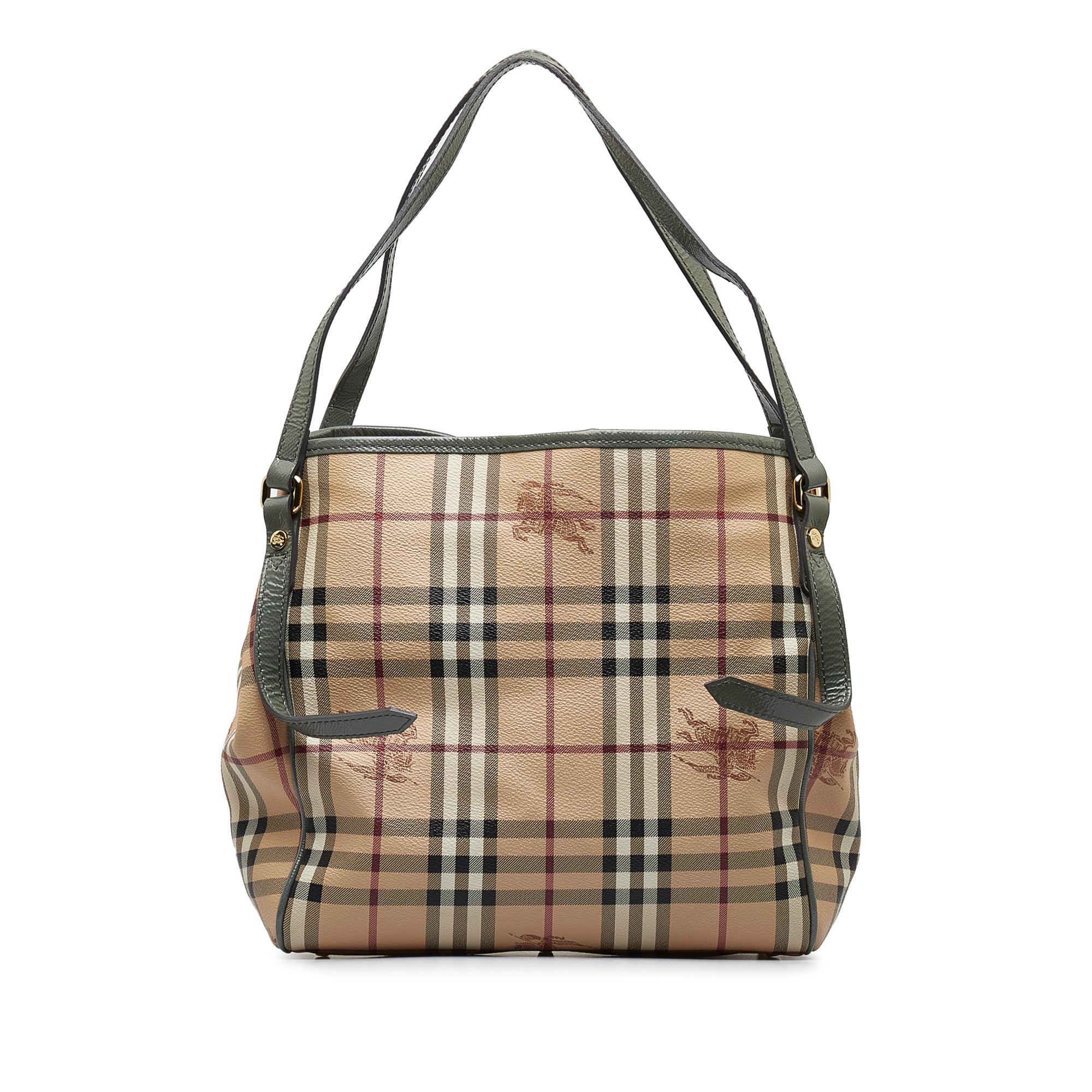 Leather-trimmed checked coated-canvas tote