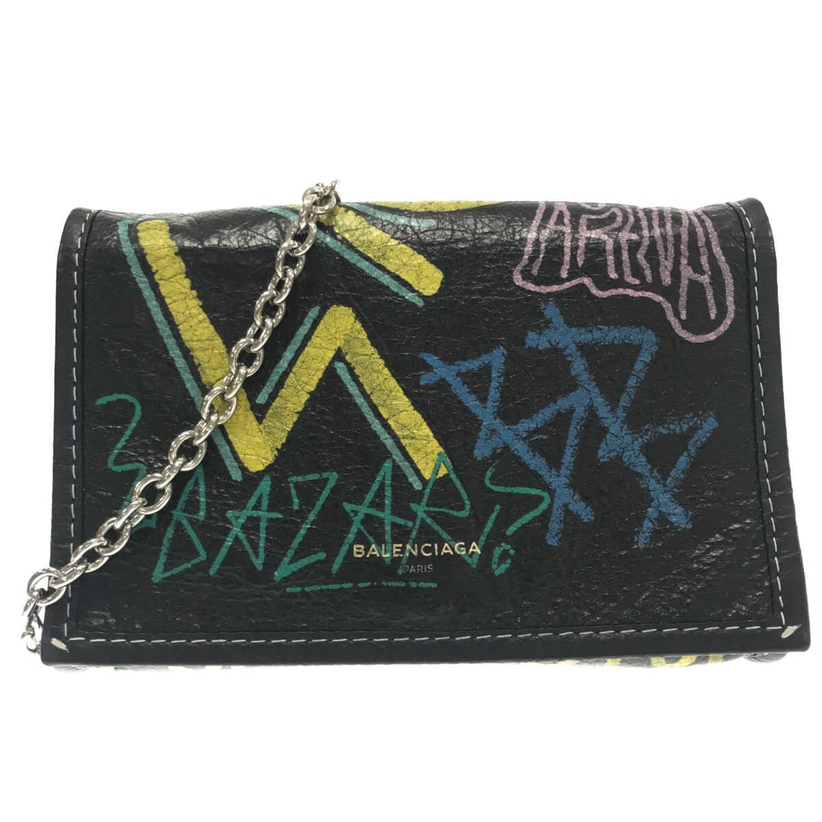 Black Balenciaga Graffiti Bazar Wallet on Chain Crossbody Bag