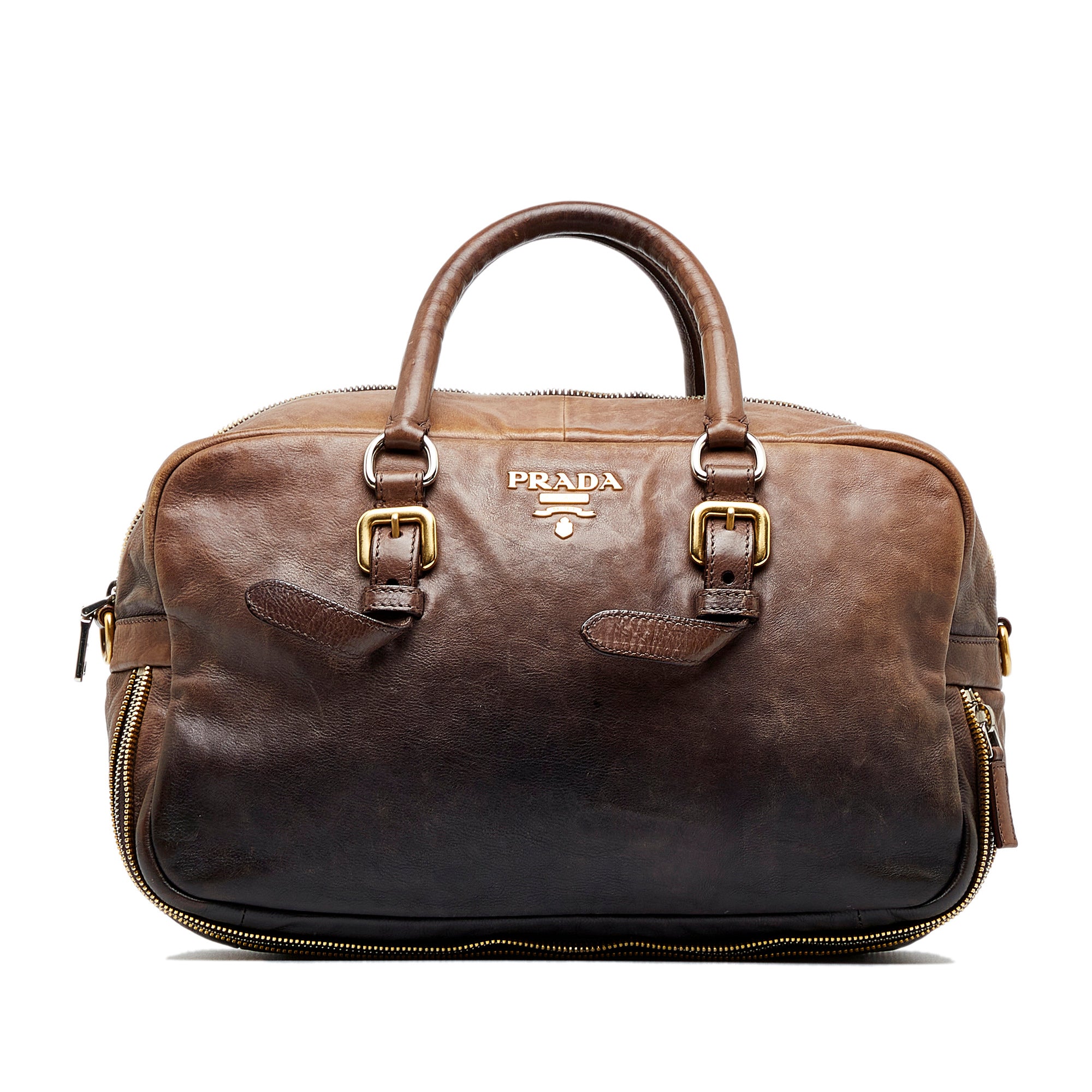 Prada Brown Vitello Daino Leather Front Zip Boston Bag