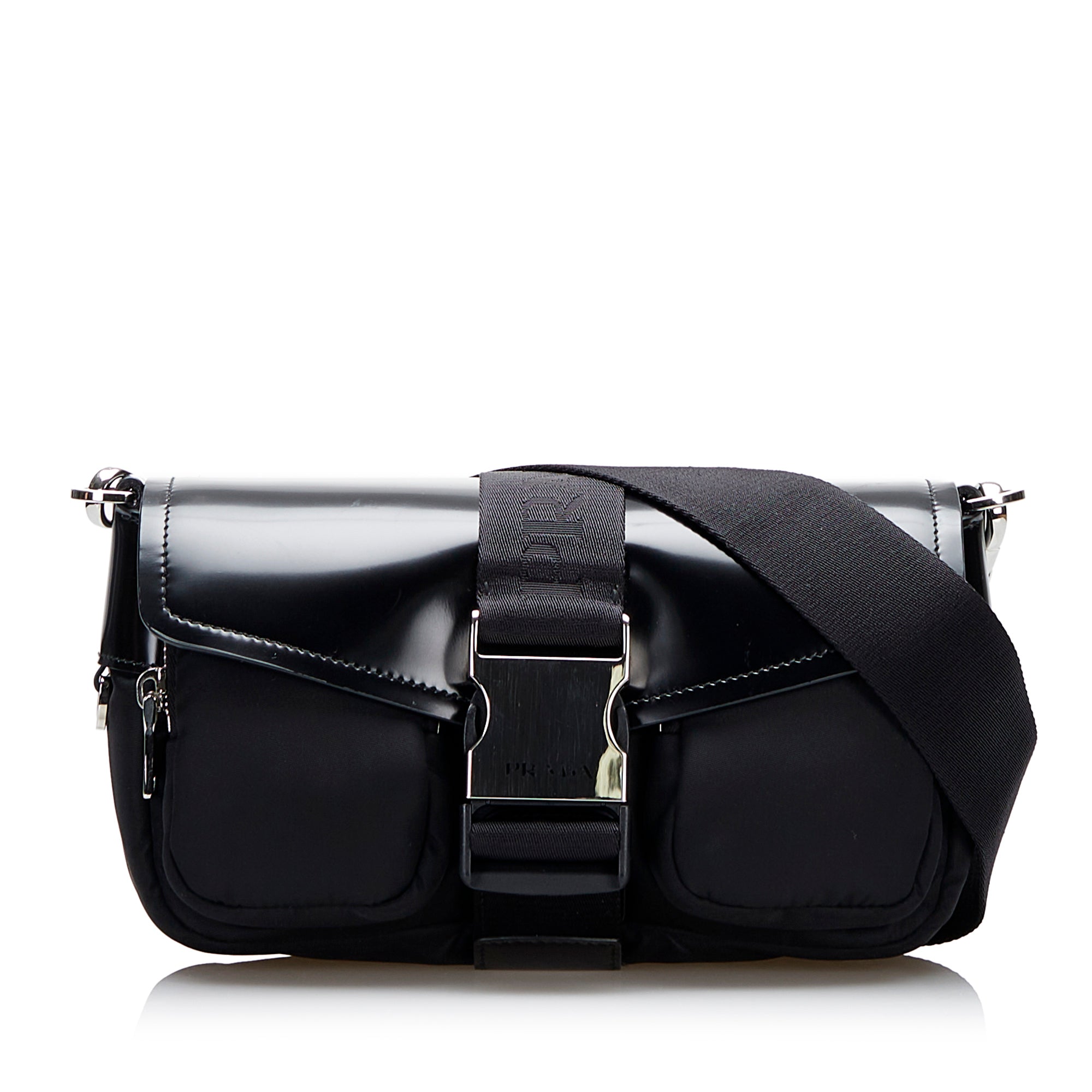 Longchamp Black Nylon & Leather Crossbody Bag two front pockets