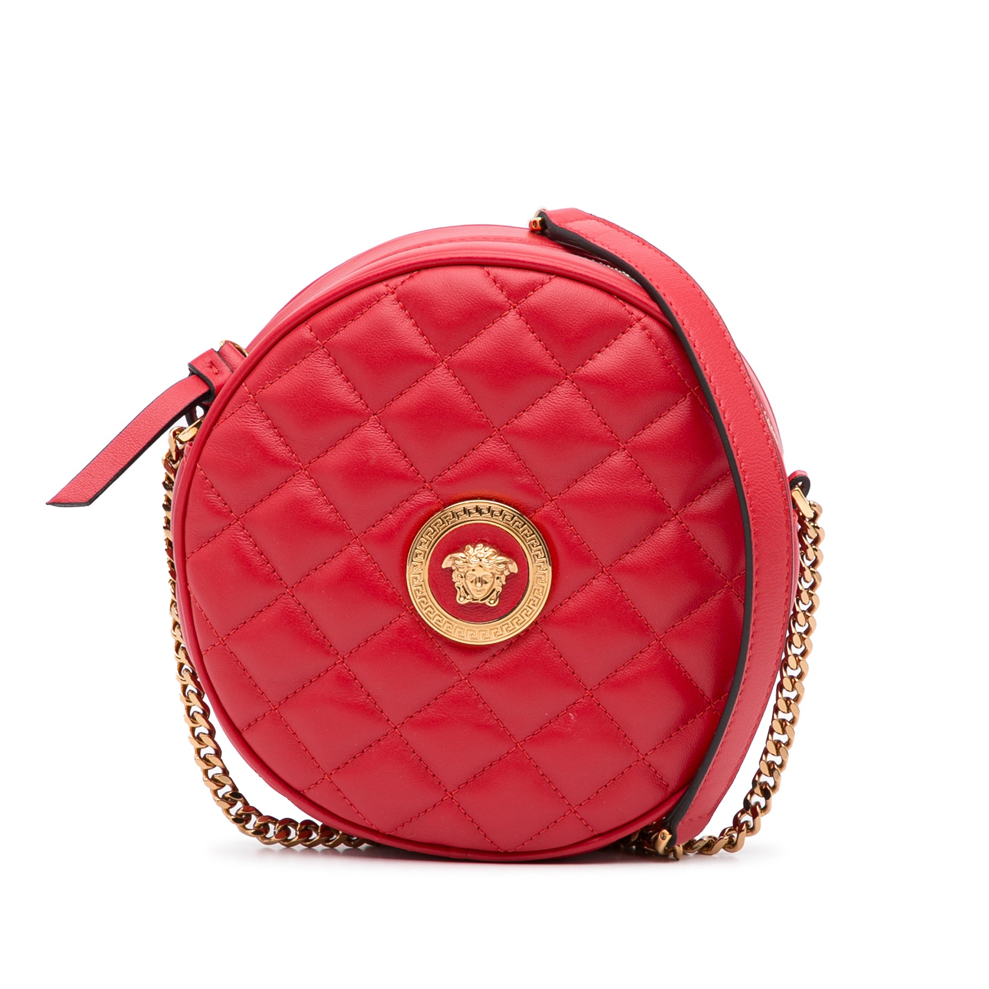 Versace Quilted Round La Medusa Camera Bag in Red, Women's