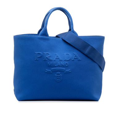 Blue Prada Medium Canvas Logo Drill Satchel - Designer Revival