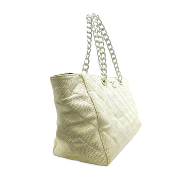 White Chanel CC Quilted Straw Tote