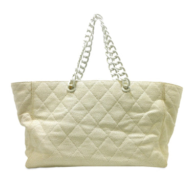 White Chanel CC Quilted Straw Tote