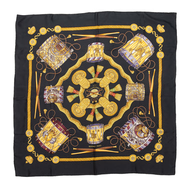 Black & Multicolor Hermes Les Tambours Printed Silk Scarf - Designer Revival