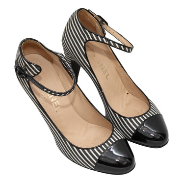 Black & White Chanel Striped Cap-Toe Pumps Size 36.5 - Designer Revival