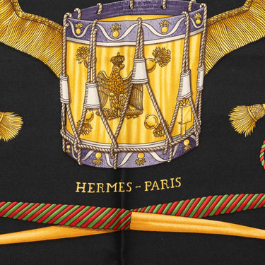Black & Multicolor Hermes Les Tambours Printed Silk Scarf - Designer Revival