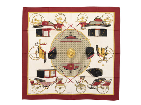 Burgundy & Multicolor Hermes Les Voitures a Transformation Printed Silk Scarf