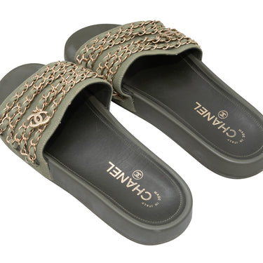 Olive Chanel Chain-Accented Slide Sandals Size 39 - Designer Revival