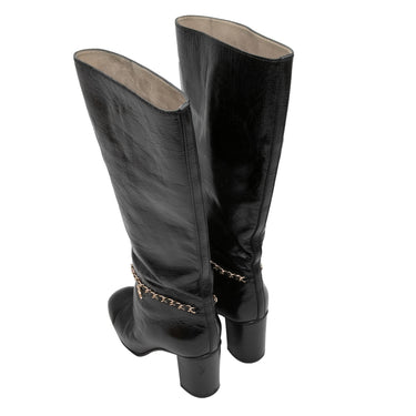 Black Chanel Crinkle Patent Leather Heeled Knee-High Boots Size 38