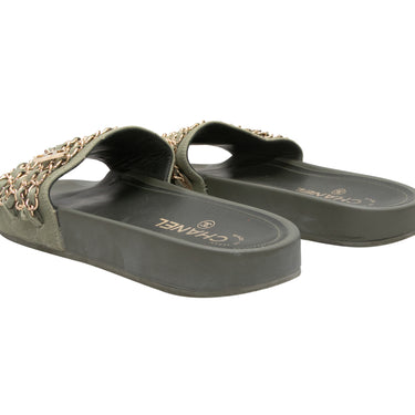 Olive Chanel Chain-Accented Slide Sandals Size 39