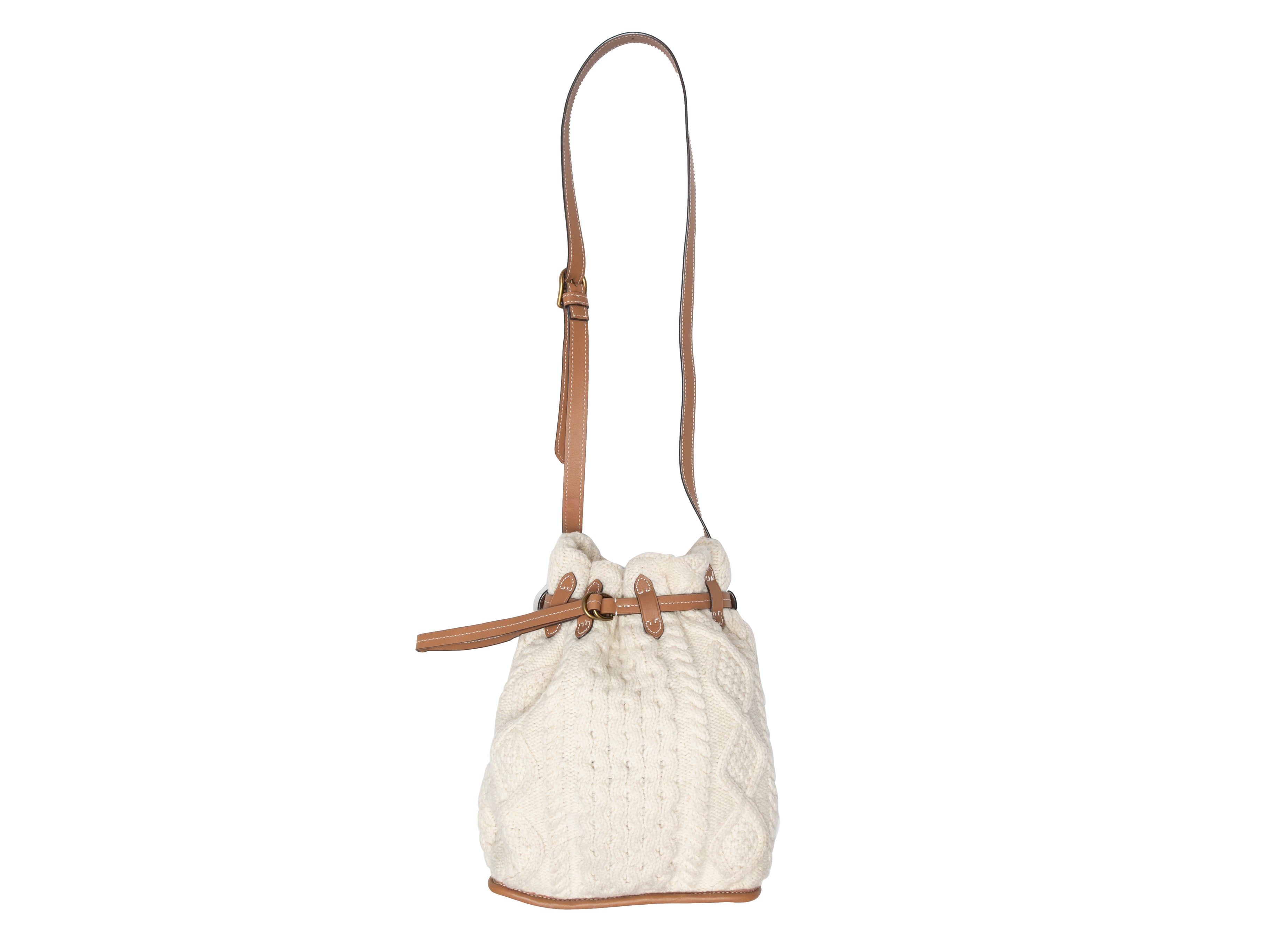 Ivory & Tan Polo Ralph Lauren Cable Knit Bucket Bag - Designer Revival
