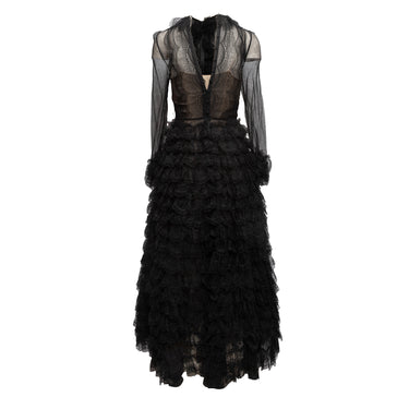 Vintage Black Oscar de la Renta Sheer Tiered Evening Gown Size S - Designer Revival