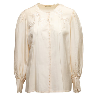 Vintage Cream Hanae Mori Silk Embroidered Blouse Size US M