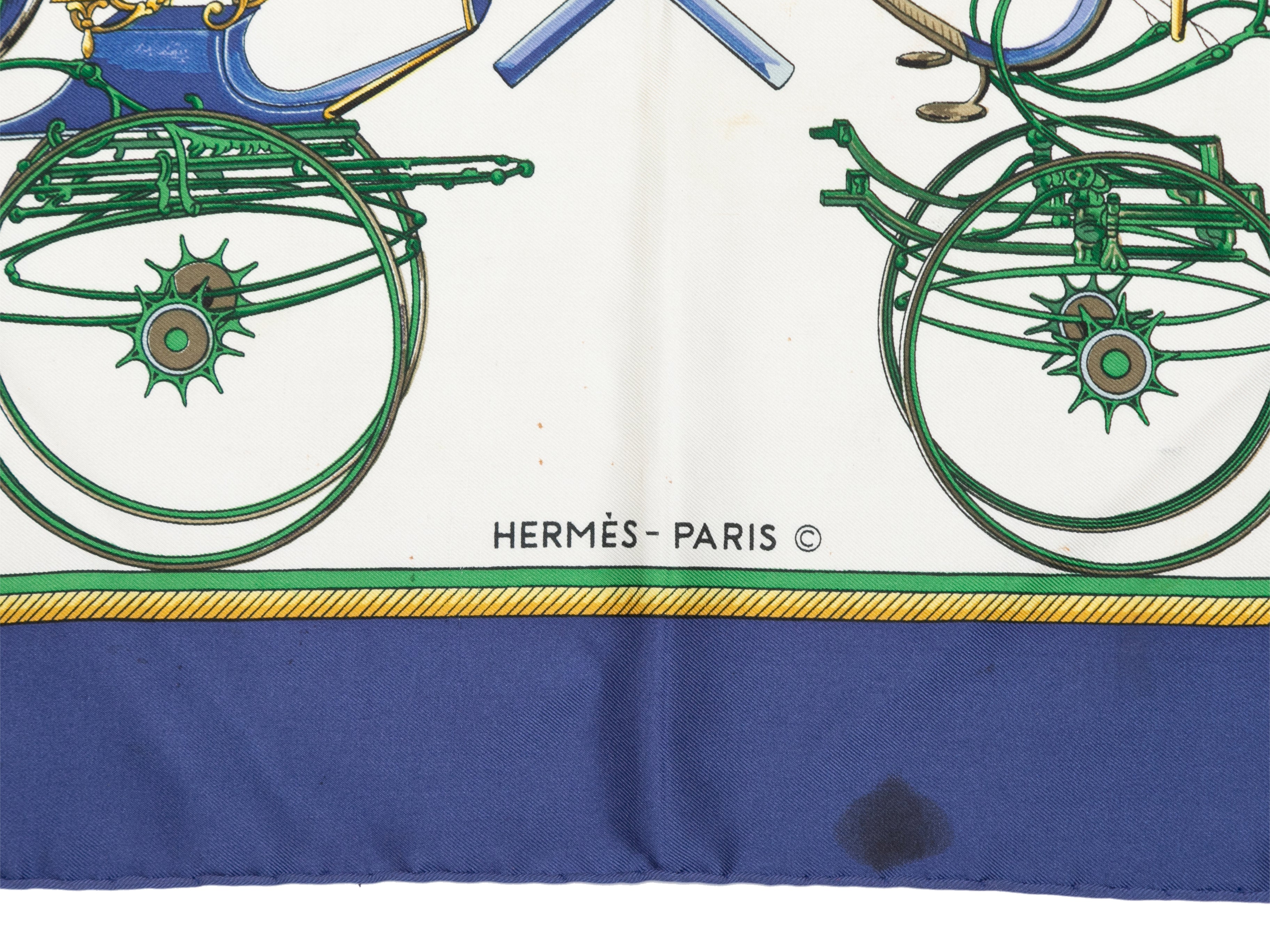 White & Multicolor Hermes Les Voitures A Transformation Print Silk Scarf - Designer Revival