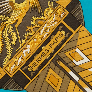 Teal & Gold Hermes Jonques et Sampans Motif Printed Silk Scarf - Designer Revival