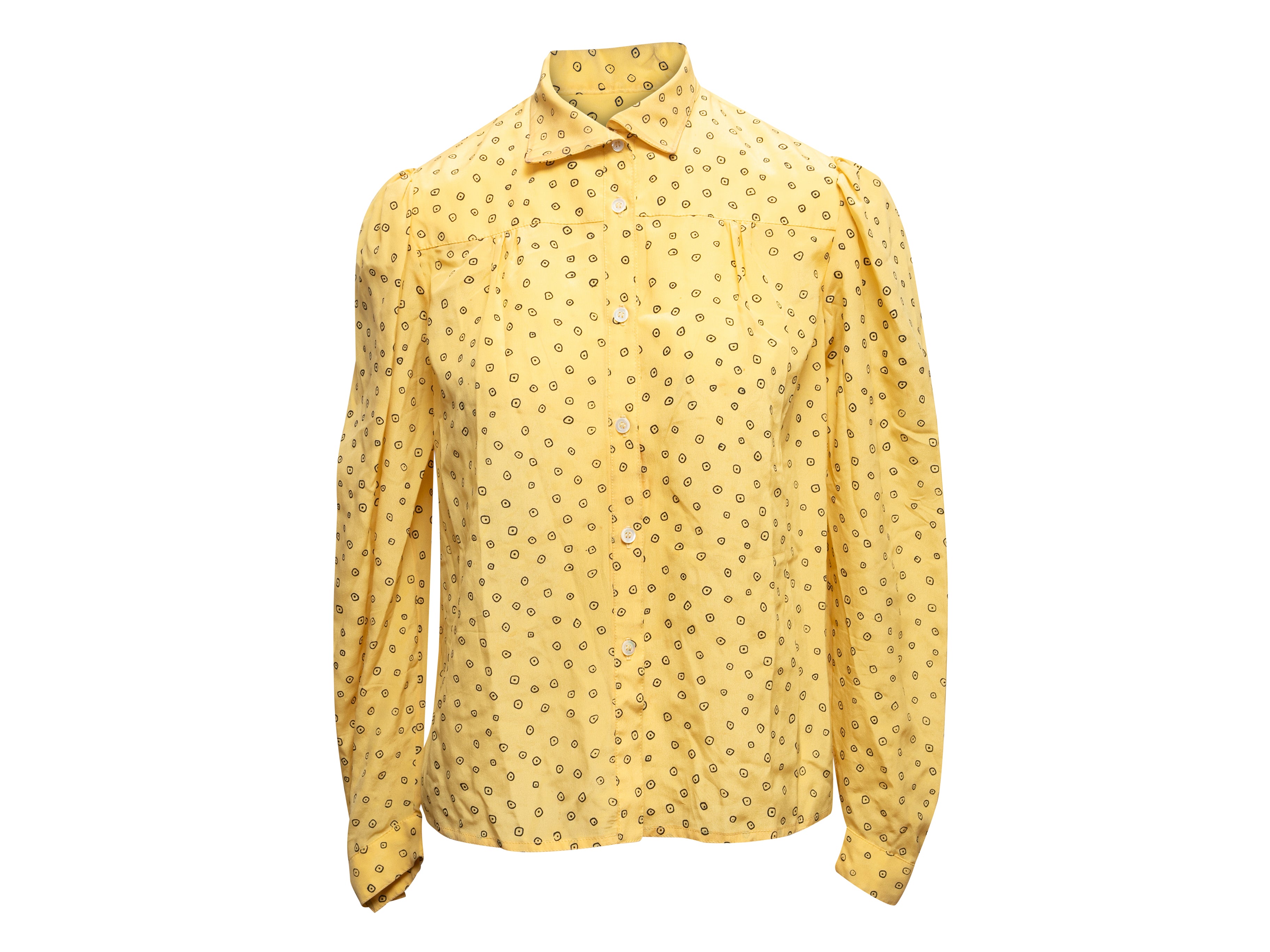 Vintage Yellow & Black Jan Vanvelden Printed Silk Blouse Size US S/M - Designer Revival