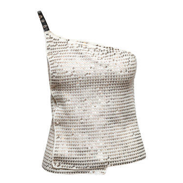 White & Silver Chanel Knit One-Shoulder Sequined Top Size US S - Designer Revival