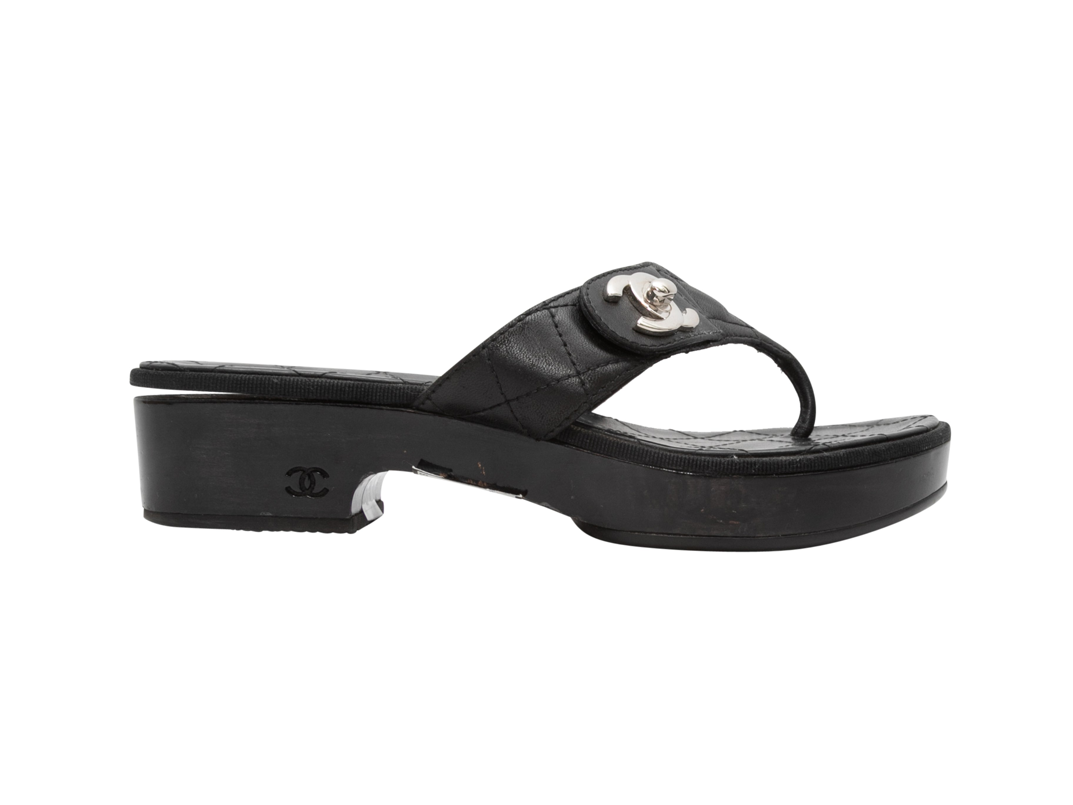 Chanel Large Cc Silver Tone Logo Leather Wedge Ankle Strap (39.5) Black  Sandals. Get the must-have sandals of t…