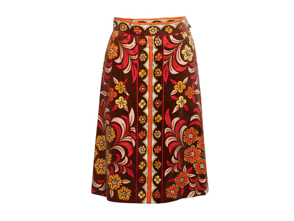 Vintage Brown & Multicolor Emilio Pucci Floral Print Velvet Skirt