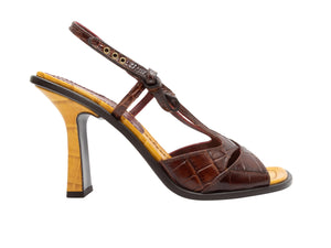 Brown & Yellow Sies Marjan Embossed Leather Strappy Sandals