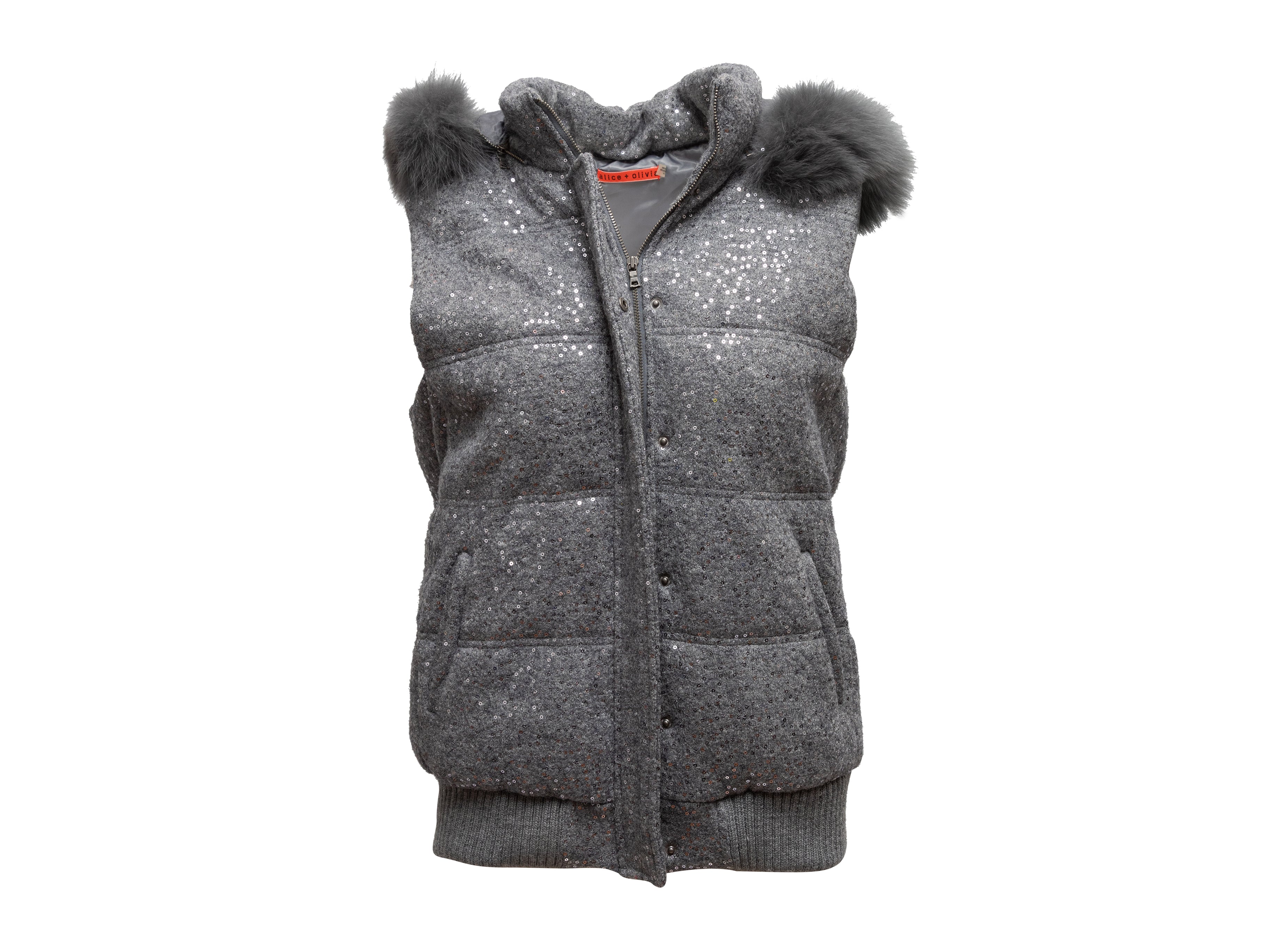 Grey Alice + Olivia Sequined Fox Fur-Trimmed Puffer Vest Size L - Designer Revival