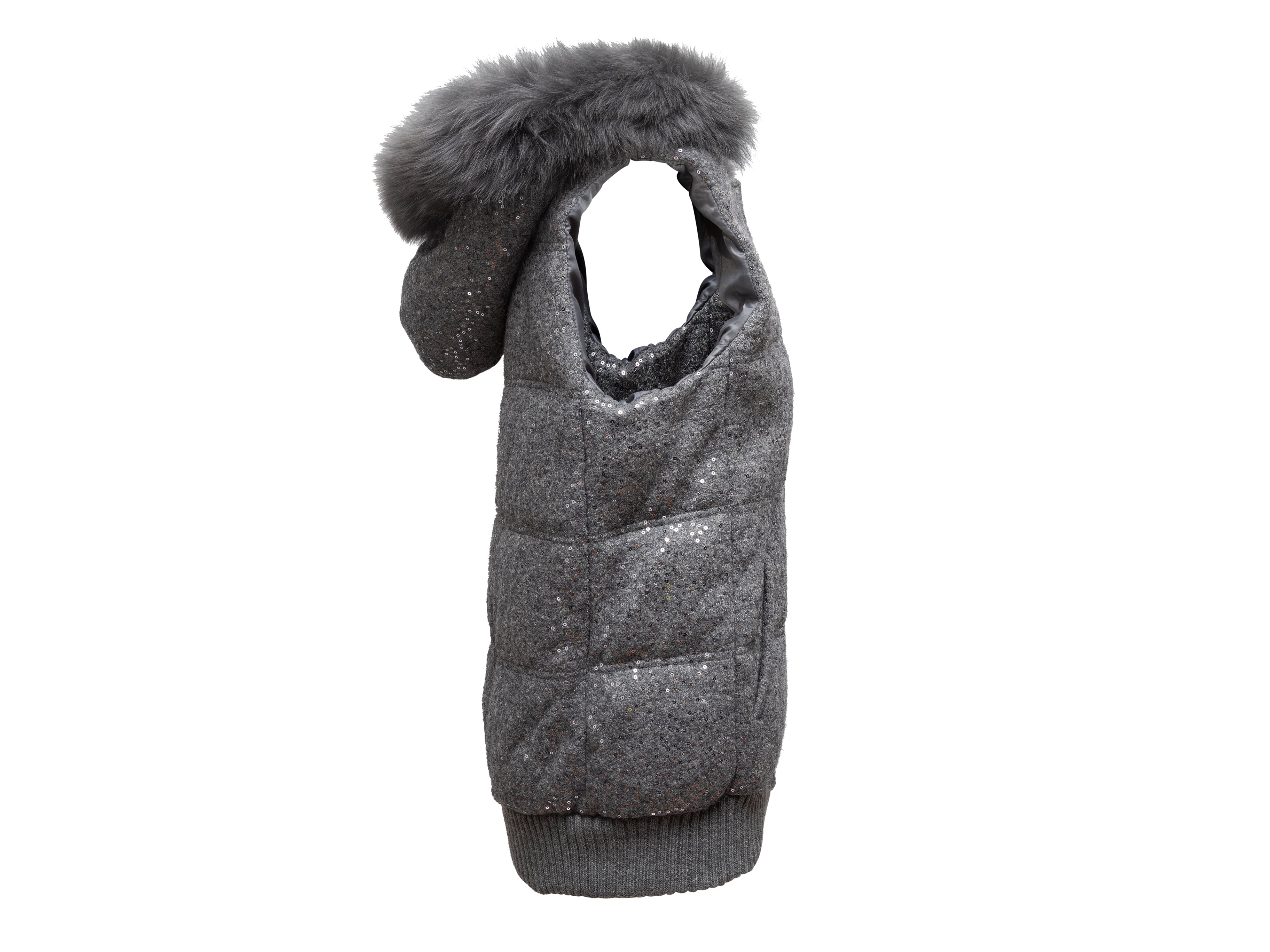Grey Alice + Olivia Sequined Fox Fur-Trimmed Puffer Vest Size L - Designer Revival