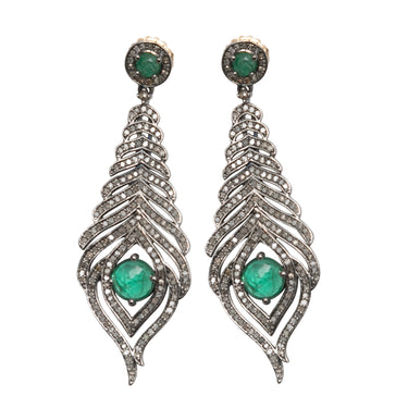 Emerald & Pave Diamond Bavna Drop Pierced Earrings - Designer Revival