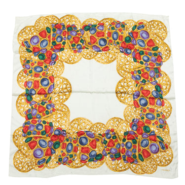 White & Multicolor Chanel Cabochon Print Silk Scarf - Designer Revival