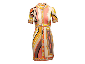 Vintage Orange & Multicolor Emilio Pucci 1970s Printed Silk Dress