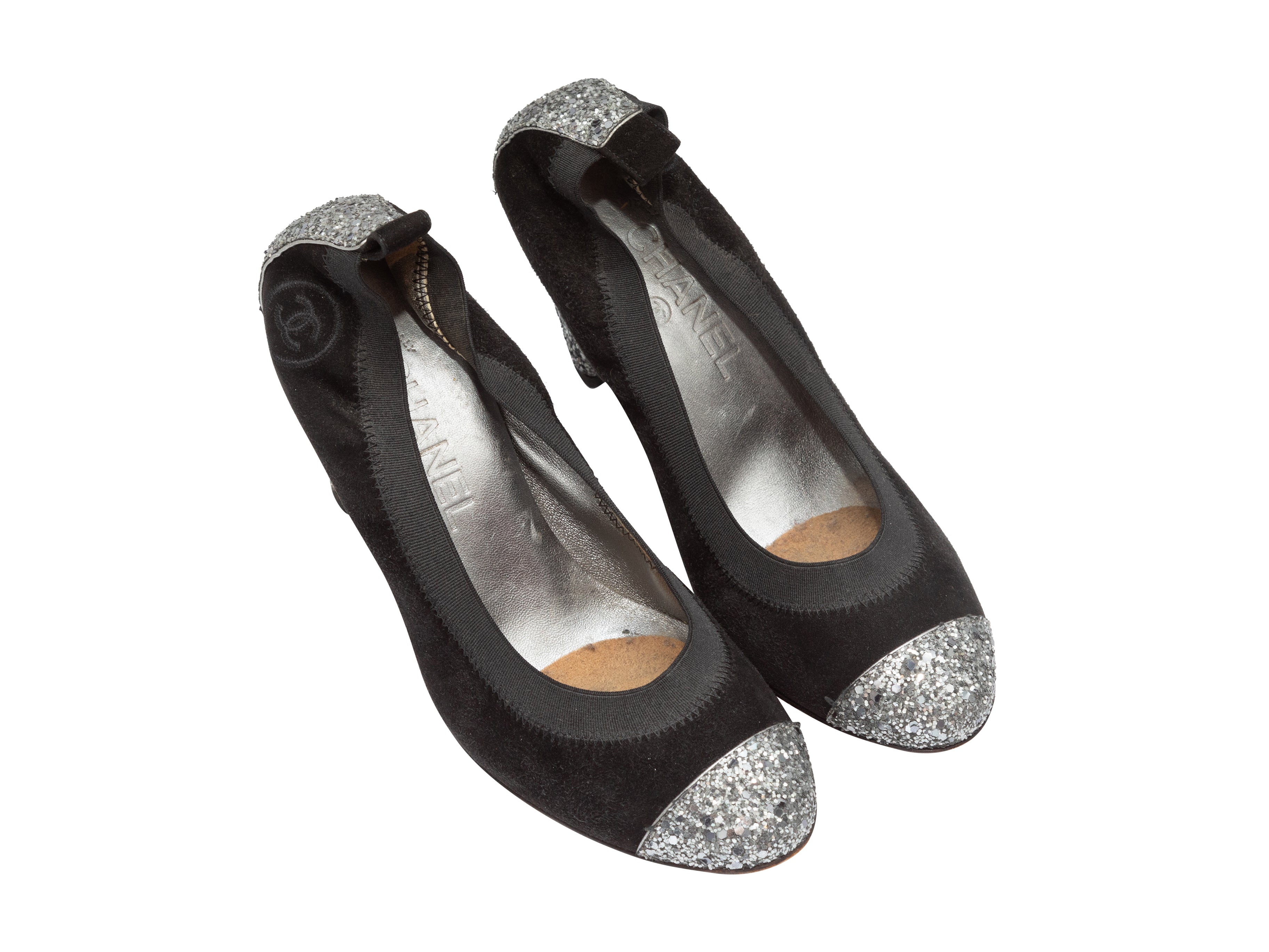 Chanel pre-owned black sparkly tweed ballet flats