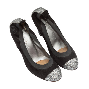 Black & Silver Chanel Cap-Toe Pumps Size 37.5 - Designer Revival