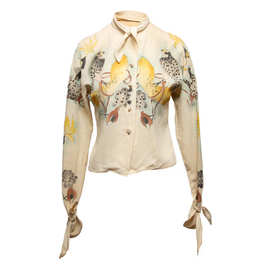Vintage Cream & Multicolor Tina Leser 1940s Hand-Painted Blouse Size US XS/S - Designer Revival