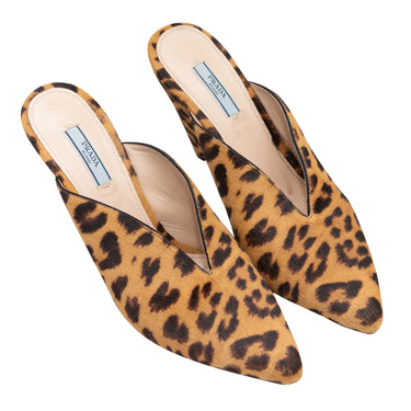 Tan & Black Prada Leopard Print Ponyhair Mules Size 39 - Designer Revival
