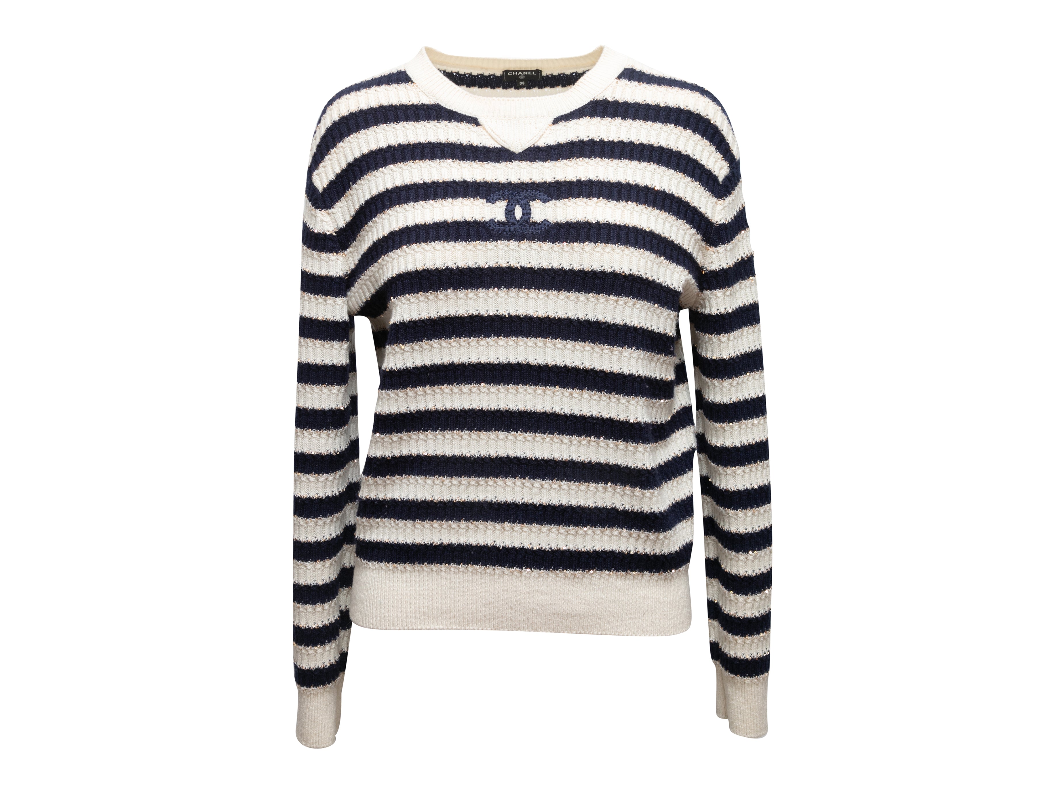 Navy & White Chanel Cruise 2021 Striped Cashmere Sweater Size FR 38