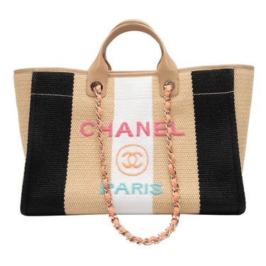 Beige & Multicolor Chanel Striped Logo Tote Bag - Atelier-lumieresShops Revival